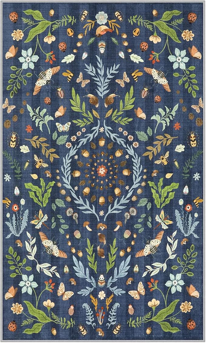 Lahome Chloe Insect Botanical 3x5 Washable Kitchen Rugs for Entryway, Soft Blue Bedroom Rug, Boho Floral Non Slip Indoor Throw Carpet for Bathroom Laundry Living Room(Dark Blue,3x5)