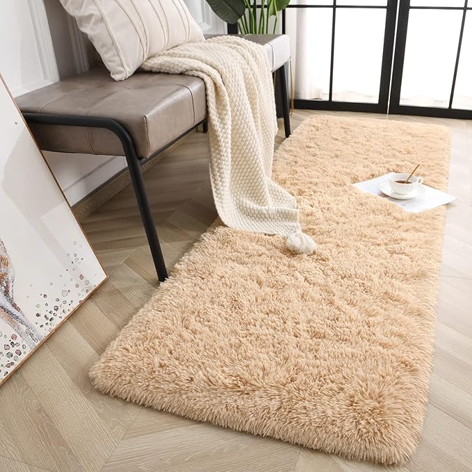 Jelymark Super Soft Shaggy Rug for Bedroom, 2x6 Feet Fluffy Carpet for Living Room, Fuzzy Indoor Plush Area Rug for Home Decor, Furry Floor Rugs for Dorm, Kids Nursery Rug for Girls, Beige