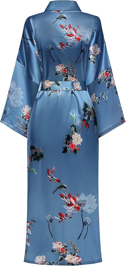 Valennia Women Long Silky Bathrobe Satin Kimono Robe Floral Printed Dressing Gown Sleepwear