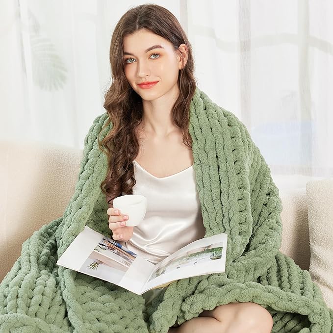 Admitrack Chunky Knit Blanket Throw, 100% Hand Knit Chenille Throw Blanket for Sofa & Home Decor, Soft and Cozy Knitted Throw Blankets (Sage Green, 60"x80")