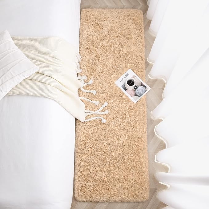 Jelymark Super Soft Shaggy Rug for Bedroom, 2x6 Feet Fluffy Carpet for Living Room, Fuzzy Indoor Plush Area Rug for Home Decor, Furry Floor Rugs for Dorm, Kids Nursery Rug for Girls, Beige
