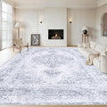 XLUEZ Area Rug 9x12 Living Room Rug, Machine Washable Vintage Distressed Medallion Rug Non-Slip Soft Low Pile Large Indoor Rugs for Bedroom Kitchen Dining Room Office(LightGrey,9'x12')