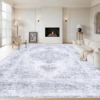 XLUEZ Area Rug 9x12 Living Room Rug, Machine Washable Vintage Distressed Medallion Rug Non-Slip Soft Low Pile Large Indoor Rugs for Bedroom Kitchen Dining Room Office(LightGrey,9'x12')