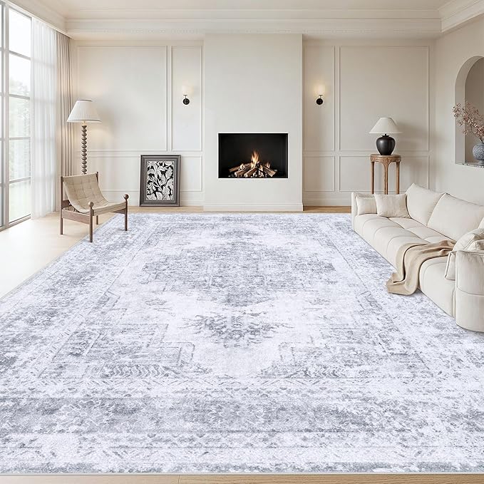 XLUEZ Area Rug 9x12 Living Room Rug, Machine Washable Vintage Distressed Medallion Rug Non-Slip Soft Low Pile Large Indoor Rugs for Bedroom Kitchen Dining Room Office(LightGrey,9'x12')