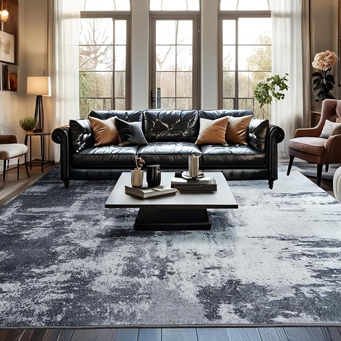 Modern Abstract Area Rug - 4x6 Washable Grey Rug for Bedroom Rug Non-Slip Soft Faux Wool Rugs Low Pile Indoor Floor Carpet for Entryway Kitchen Living Room Laundry Room Dining Room