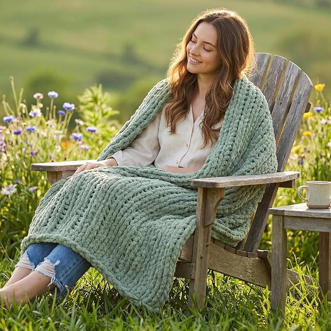 Amélie Home Chunky Knit Throw Blanket for Couch, Soft Chenille Handmade Crochet Throw Rope Knot Blanket for Children, 40"x50", Sage Green