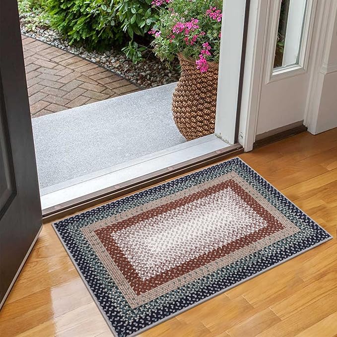 RUGSREAL Entryway Area Rug 2x3 Small Rug Machine Washable Bedroom Area Rug Non Slip Bathroom Mat Stain Resistant Farmhouse Carpet Modern Rustic Rug for Living Room Dining Room, Olive/Brown