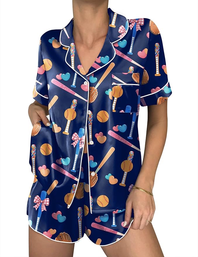 Ekouaer Womens Silk Satin Pajama Sets 2 Piece Button Down Silk Pjs Shorts Sets Cute Print Short Sleeve Sleepwear S-4XL