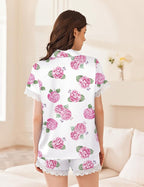 Ekouaer Womens Lace Satin Pajama Set Button Down Pj Shorts Set Bridesmaids Getting Ready Outfits Casual Sleepwear XS-XXL
