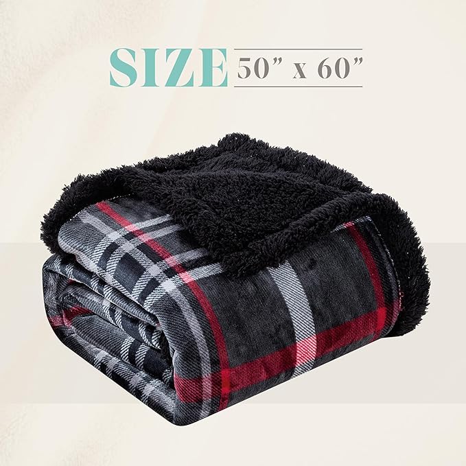 Elegant Comfort Throw Blanket, Reversible Sherpa Flannel, Ultra-Soft, Fuzzy, Cozy and Plush- All Season Lightweight Decorative Throw, 50 x 60 inches, Plaid Design Sherpa Throw, Midnight