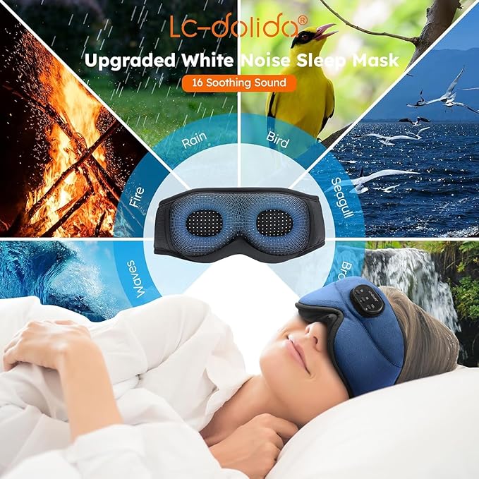 LC-dolida White Noise Sleep Mask, 3D Sleep Headphones with 16 Soothing Sounds, Bluetooth 5.4 Sleep Eye Mask with Timer, Total Blackout Sleeping Headphones for Side Sleeper (Black) (Blue)