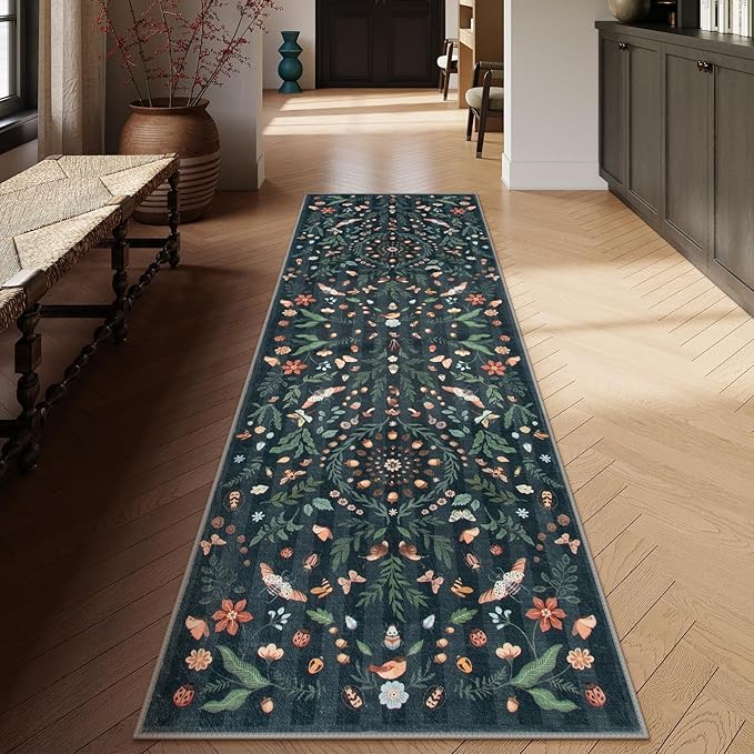 Lahome Insect Botanical 2'6"x8 Washable Black Hallway Runner Rug,Kitchen Runner Rugs Non Skid Bathroom Carpet Runners,Soft Non-Slip Indoor Rug Runners for Entryway Laundry Bedroom(Black,2'6"x8)