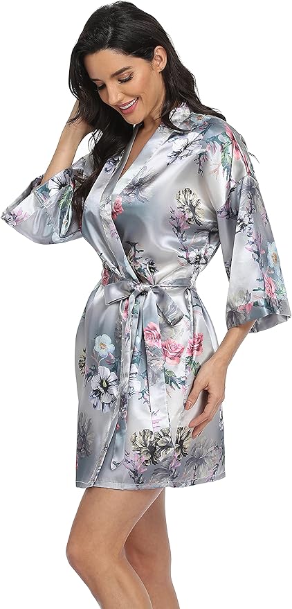 Women's Floral Satin Robes Bride Bridesmaid Getting Ready Robe Short Silky Kimono Sleepwear for Wedding Party