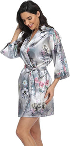 Women's Floral Satin Robes Bride Bridesmaid Getting Ready Robe Short Silky Kimono Sleepwear for Wedding Party