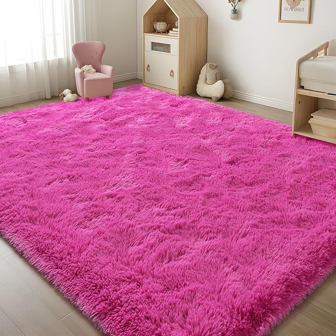 ISEAU Fluffy Rug Carpets Soft Shaggy Area Rugs Indoor Floor Mats for Kids Room Fuzzy Carpet Comfy Cute Nursery Mat Bedside Rug for Boys Girls Bedroom Living Room Home Decor Mat, 3ft x 5ft, Hot Pink