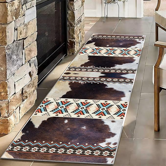 Western Rugs for Kitchen,3x12ft,Long Hallway Cow Print Rug,Western Country Farm Decor Entryway Runner Rugs,Non-Slip Washable Southwest Aztec Rugs,for Bedside Bedroom Entrance Carpet