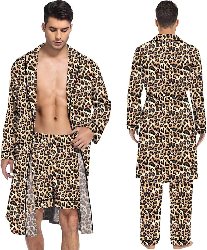 SWOMOG Men's Satin Robe 3 Pcs Silky Kimono Bathrobe Set Lightweight Soft Loungewear Nightwear