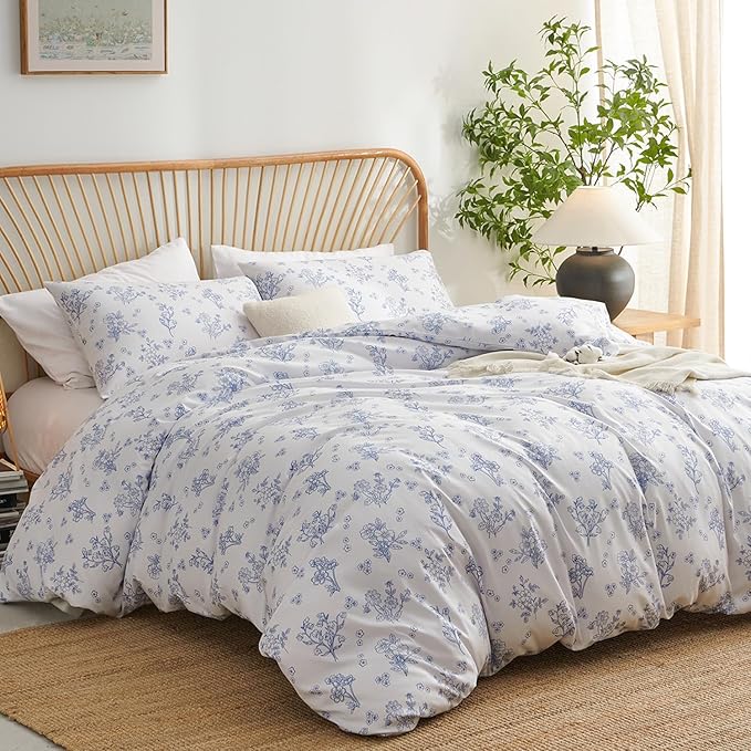 Nayoroom Blue Floral Duvet Cover King Size Cottagecore Flower Leaf Spring Comforter Cover 3 Pcs Soft Breathable Microfiber Pastoral Aesthetic Bedding Set with Zipper Closure