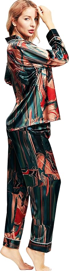 SIHA Satin Silk Pajamas for Women Pajama Set With Long Sleeve Button-Down Satin Pajamas Sleepwear XS-3XL
