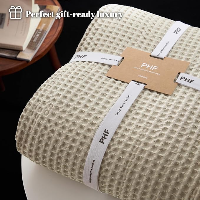 PHF Ultra Soft Waffle Weave Blanket Queen Size 90"x 90"- Washed Lightweight Breathable Cozy Woven Blanket for Bed - Aesthetic Decor for Couch Bedding Sofa Home Car - Light Khaki/Linen