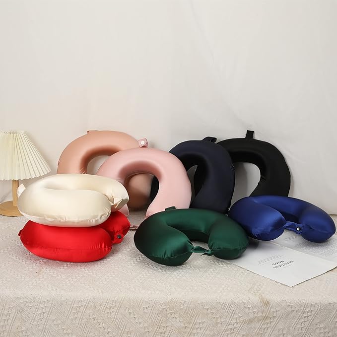 [Upgraded Softness] 100% Mulberry Silk Neck Pillow for Travel 22 Momme Real Silk Travel Pillow for Pain Relief Sleeping, Silk Airplane Pillow, Anti Wrinkle Travel Pillow Made in USA (Navy)