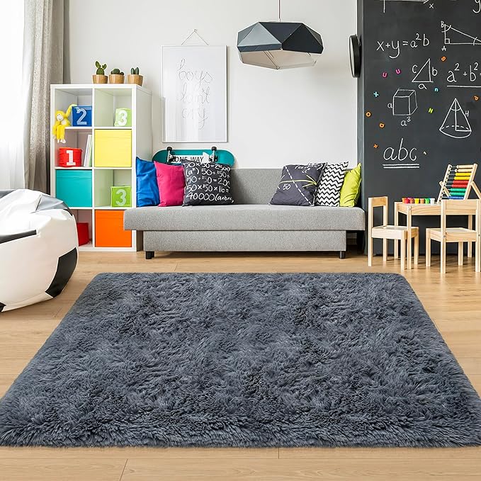 Fluffy Rugs for Bedroom 4x6 Grey Shaggy Rug for Living Room Soft Fur Rug Non Slip Modern Indoor Furry Floor Carpet Washable Plush Fuzzy Kids Area Rug for Nursery Baby Teen Dorm Room