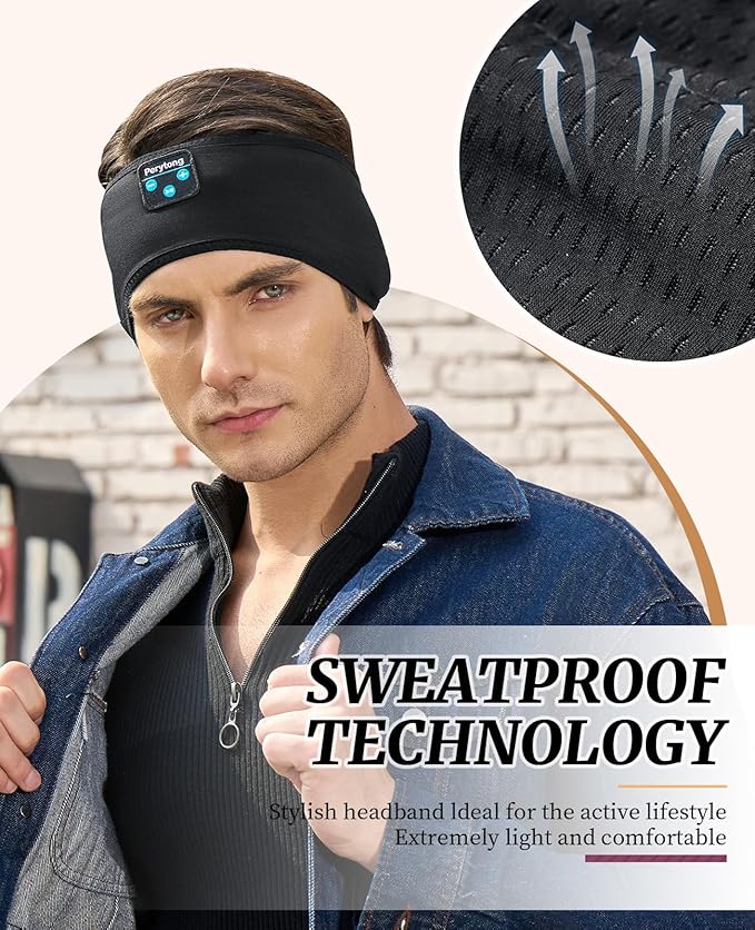 Perytong Sleep Headphones Bluetooth 5.4 Headband, Wireless Sleep Headphones with Ultra-Thin HD Stereo Speakers for Side Sleepers, Soft & Sweat Resistant Sport Headband for Yoga Travel Workout