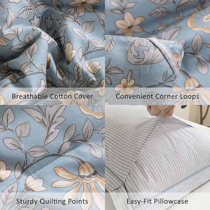 ALEISSEL Smoky Blue Botanical Cotton Comforter King Size - 3PC Lightweight Bedding Sets with Soft Fill, Luxurious Vintage-Inspired Floral Patterns, Light Gray Striped Reversible Design