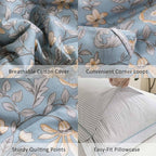 ALEISSEL Smoky Blue Botanical Cotton Comforter Queen Size - 3PC Lightweight Bedding Sets with Soft Fill, Luxurious Vintage-Inspired Floral Patterns, Light Gray Striped Reversible Design