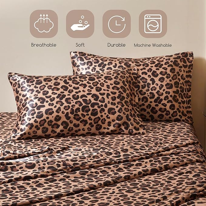 MR&HM Satin Bed Sheets, Twin XL Size Sheets Set, 3 Pcs Silky Bedding Set with 15 Inches Deep Pocket for Mattress (Twin XL, Brown Leopard)