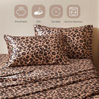 MR&HM Satin Bed Sheets with Elastic Corner Straps, California King Size Sheets Set, 4 Pcs Silky Bedding Set with 15 Inches Deep Pocket for Mattress (California King, Brown Leopard)