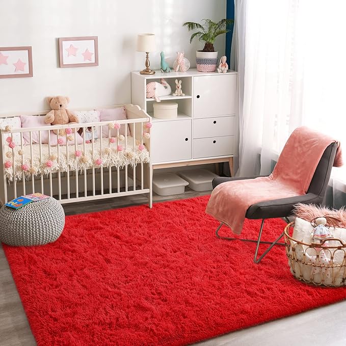 Jelymark Super Soft Shaggy Rug for Bedroom, 4x5.9 Feet Fluffy Carpet for Living Room, Fuzzy Indoor Plush Area Rug for Home Decor, Furry Floor Rugs for Dorm, Kids Nursery Rug for Girls, Red