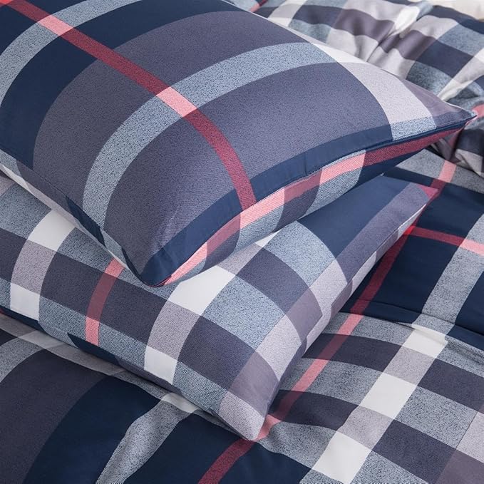 CLOTHKNOW Blue Plaid King Size Comforter Set Buffalo Tartan Bedding Comforter Sets Soft Blue White Grey Red Comforter with 2 x Pillow Cases