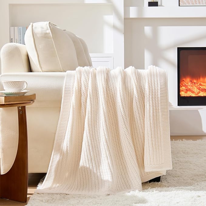 Cream White Chunky Knit Throw Blanket 60"x80" - Soft Cozy Thick Knitted Blanket for Couch Sofa Bed, Cute Christmas Decorative Throw for Living Room