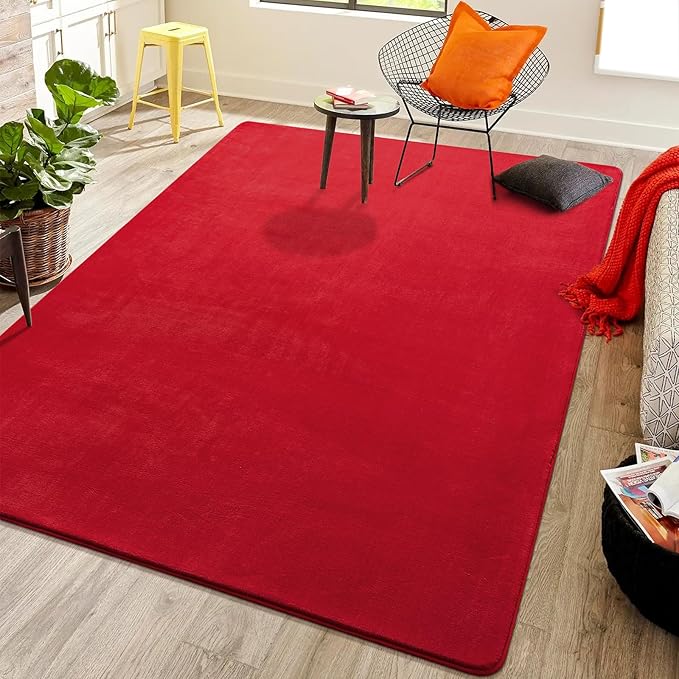Softlife Red Area Rug for Bedroom Living Room, Solid Non-Slip 6x9 Fluffy Carpet with Soft Low Pile for Kids Boys Girls, Machine Washable Fuzzy Aethetic Rugs Home Dorm Decor