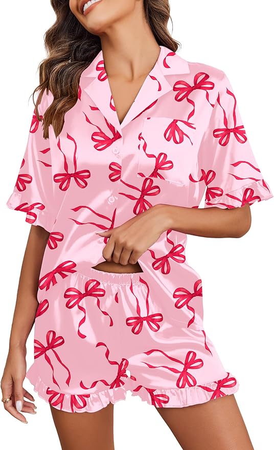 Ekouaer Satin Pajama Set for Women Button Down Silk 2 Piece Pj Sets Ruffle Short Sleeve Sleepwear