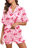 Ekouaer Satin Pajama Set for Women Button Down Silk 2 Piece Pj Sets Ruffle Short Sleeve Sleepwear