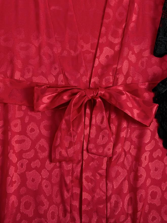 WDIRARA Women' Silk Satin Pajamas Set 4pcs Lingerie Floral Lace Cami Sleepwear with Robe