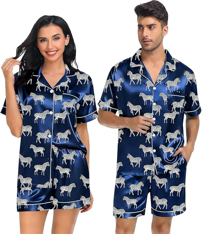 SWOMOG Satin Matching Pajamas Sets Couple Silk Button Down Nightwear Women & Men Short Sleeve Sleepwear 2 Pieces Loungewear