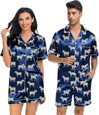 SWOMOG Satin Matching Pajamas Sets Couple Silk Button Down Nightwear Women & Men Short Sleeve Sleepwear 2 Pieces Loungewear