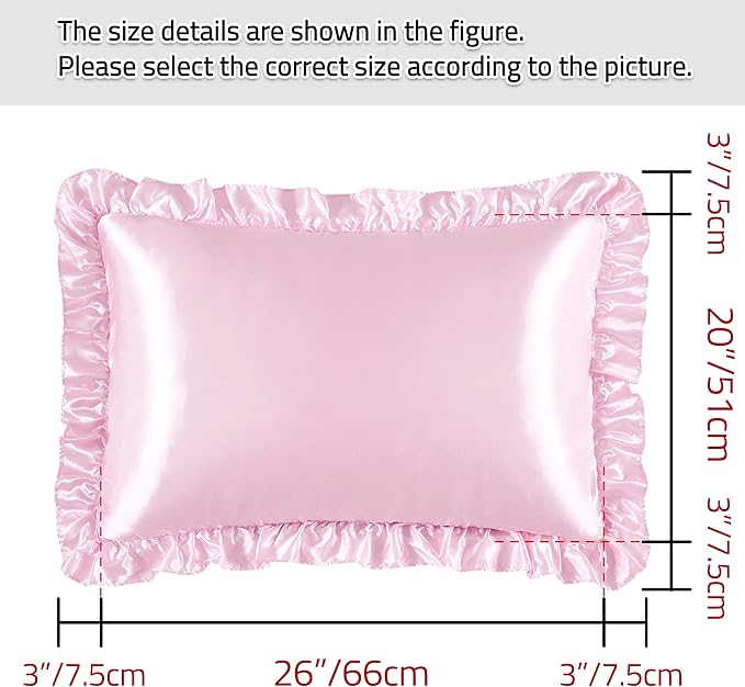 Silky Satin Ruffled Pillow Cases for Hair and Skin,Pink Silk Pillowcases Standard Set of 2 with Envelope Closure Princess Room Decoration