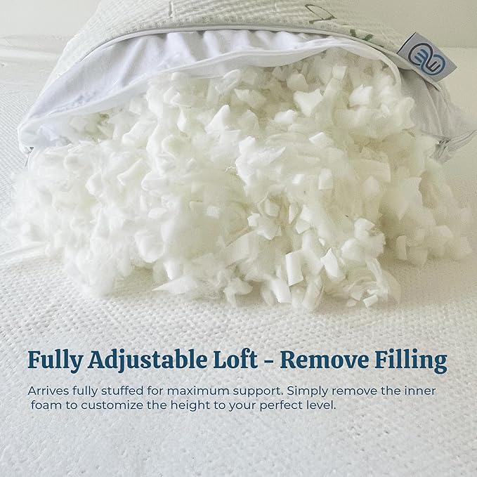 OMEO 2 Pack Queen Size Rayon Derived from Bamboo Pillow for Sleeping Shredded Memory Foam Bed Pillows for Side, Back and Stomach Sleepers, Soft, Cooling, Adjustable and Washable Cover 20" x 30"