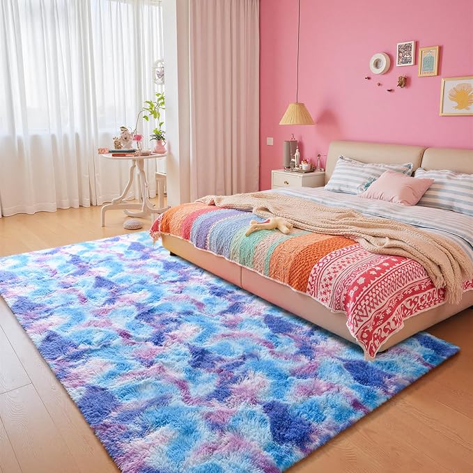 junovo 4x6 Washable Area Rug for Girls Bedroom Living Room, Tie-Dyed Purple Soft Non-Slip Fluffy Rugs, Shag Plush Memory Foam Carpet for Kids Room Baby Nursery Home Decor