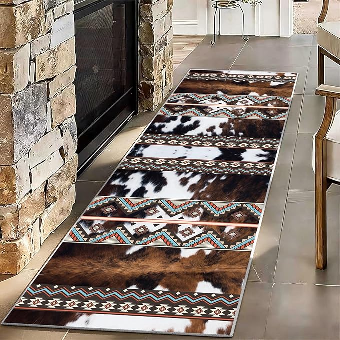 Western Cow Hide Kitchen Runner Rugs,2.6x7ft,Rustic Brown Cowprint Rugs,Southwestern Aztec Native American Rug,Faux Fur Animal Print Cabin Runner Rug,Soft Non-Slip for Bedside Hallway Entryway