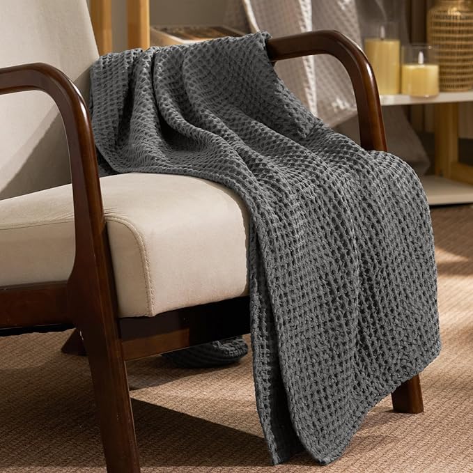 PHF Ultra Soft Waffle Weave Throw Blanket 50"x 60"- Washed Lightweight Breathable Cozy Woven Blanket for Bed - Aesthetic Decor for Couch Bedding Sofa Home Car - Grey