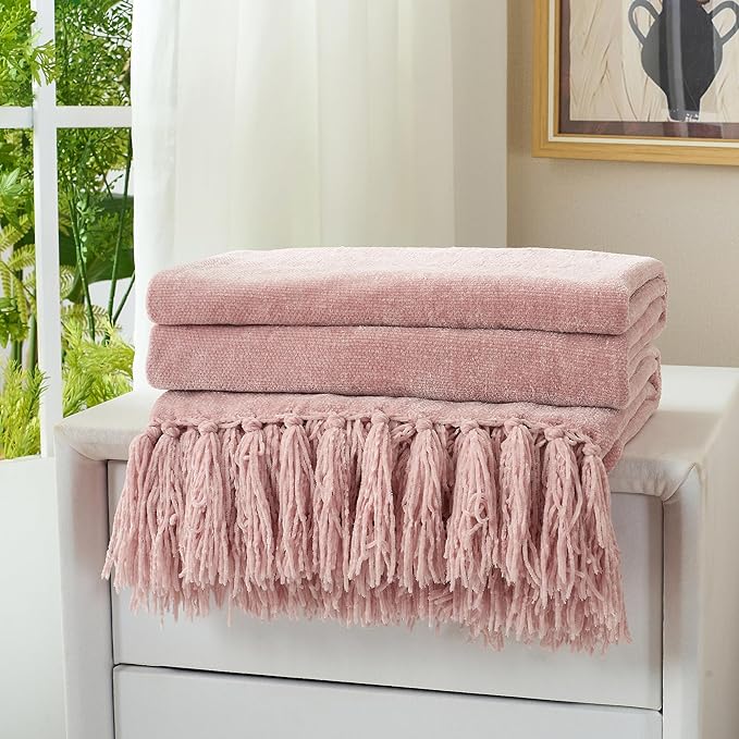 Chenille Throw Blanket for Couch with Tassels,50"X60" Soft Cozy Lightweight Knitted Boho Decorative Blankets for Bed and Sofa,Pink