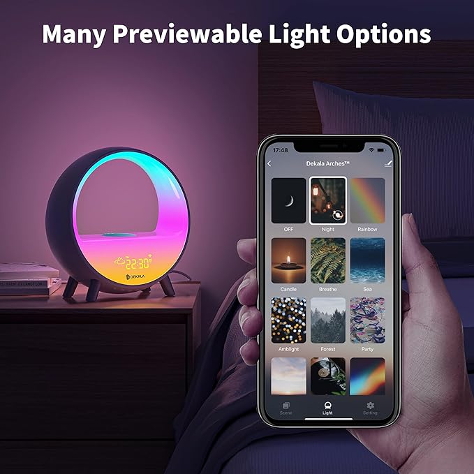 Dekala Arches Gradual Sunrise Alarm Clock with Wireless Charging, Sunset White Noise Sound Machine Loud Sunsire Alarm Clock for Heavy Sleepers Smart Ambient Lamp Sunrise App/Touch Control 2.4G WiFi
