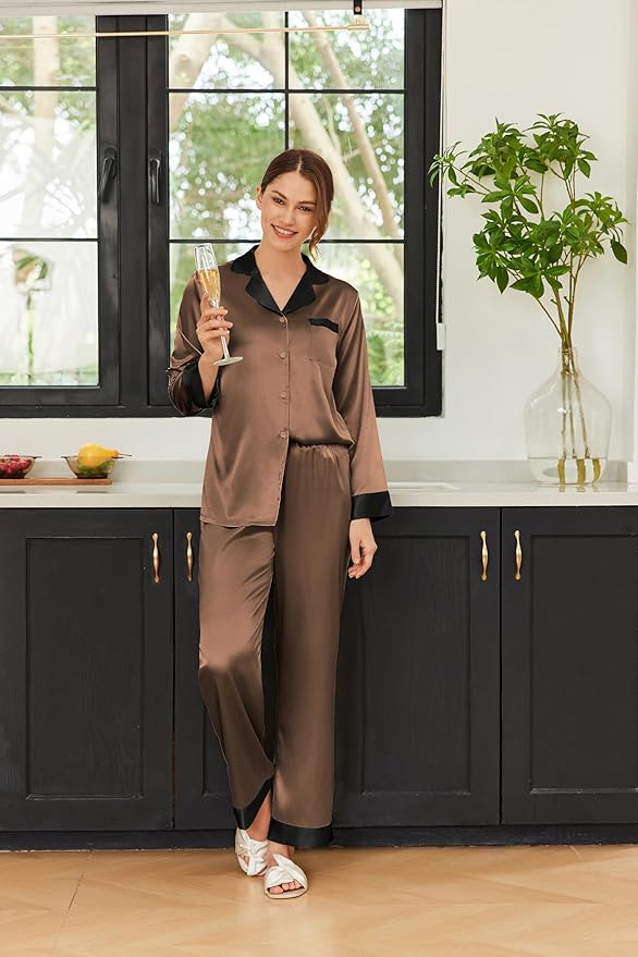 Ekouaer Silk Pajamas for Women Long Sleeve Satin Pajama Set Silky Pj Sets 2 Piece Button Down Loungewear Sleepwear