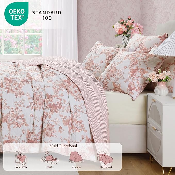 BLOOMHAVEN Quilt Set Queen Size, Dusty Rose Floral Quilt Sets, Reversible Bedspread Lightweight and Breathable for All Seasons, Soft Quilted Bedspread with 2 Pillow Shams