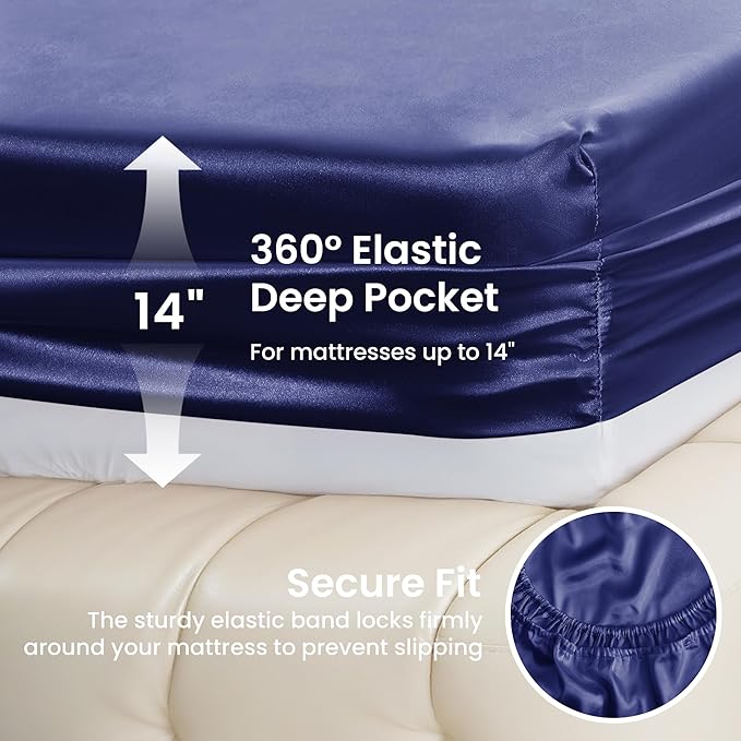 Love's cabin Satin King Sheet Sets - 4 Piece Navy Blue Silky Sheets King Size Bed with Deep Pocket, Luxury Silk Feel King Size Satin Sheet Set (1 Flat Sheet,1 Fitted Sheet,2 Pillow Cases)